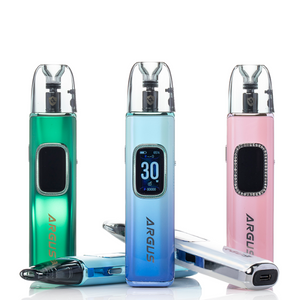 Three ARGUS vape devices in green, blue, and pink on a white background